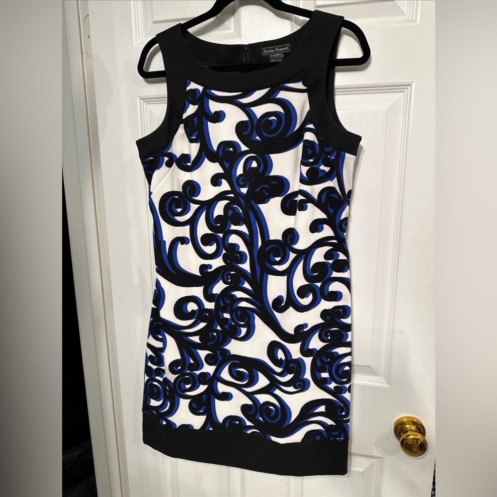 Jessica Howard Dress Size 12 White W/Black Blue Zipper Sleeveless Poly Blend